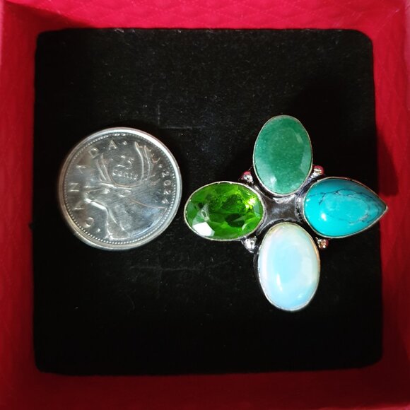 Bold Vintage Sterling Silver Multi-Gemstone Floral Cluster Statement Ring - Picture 5 of 15